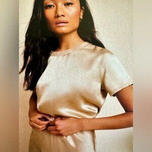 Nation LTD Silky Satin Champagne Ivory T Shirt Top Blouse Size SMALL